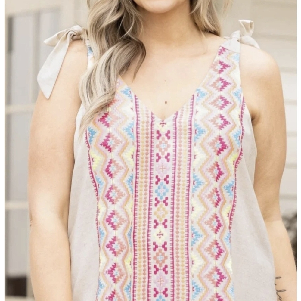 Savanna Jane Embroidered Boho Tie Shoulder Tank Top Plus Size 2X Linen Blend